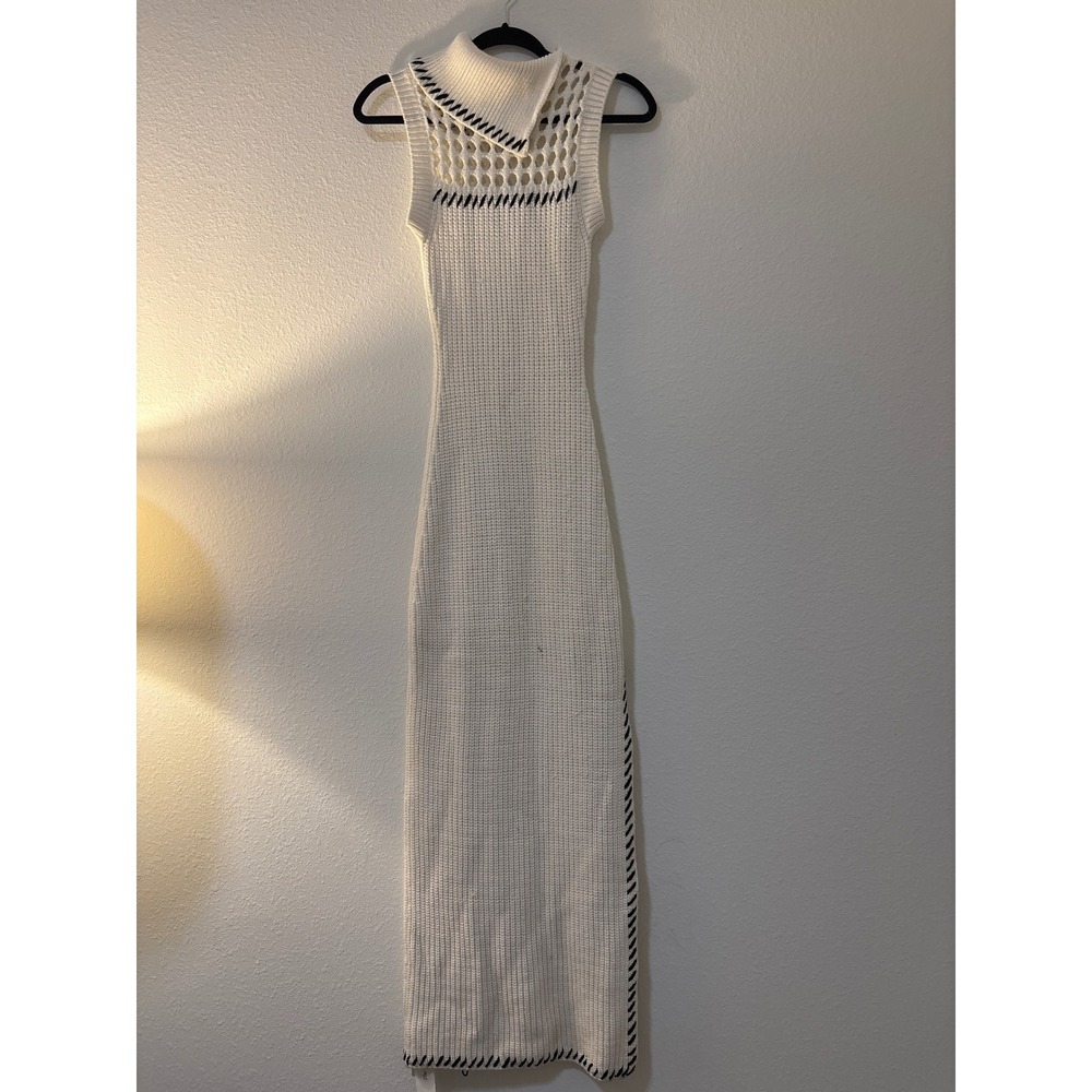 STAUD Cream Knit Maxi Dress Sleeveless Whipstitch Crochet Turtleneck XS
